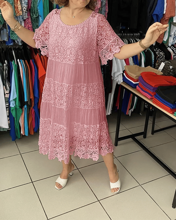 Solid Color Short Sleeve Lace Dress👗