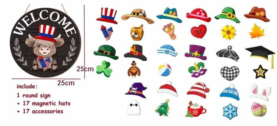 ⏰Interchangeable Welcome Sign with Highland Cow Featuring Seasonal Magnet, Detachable Hats, Accessories