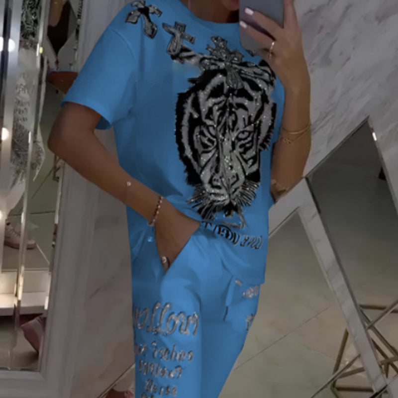 Casual Printed Top Drawstring Pants 2-Piece Set