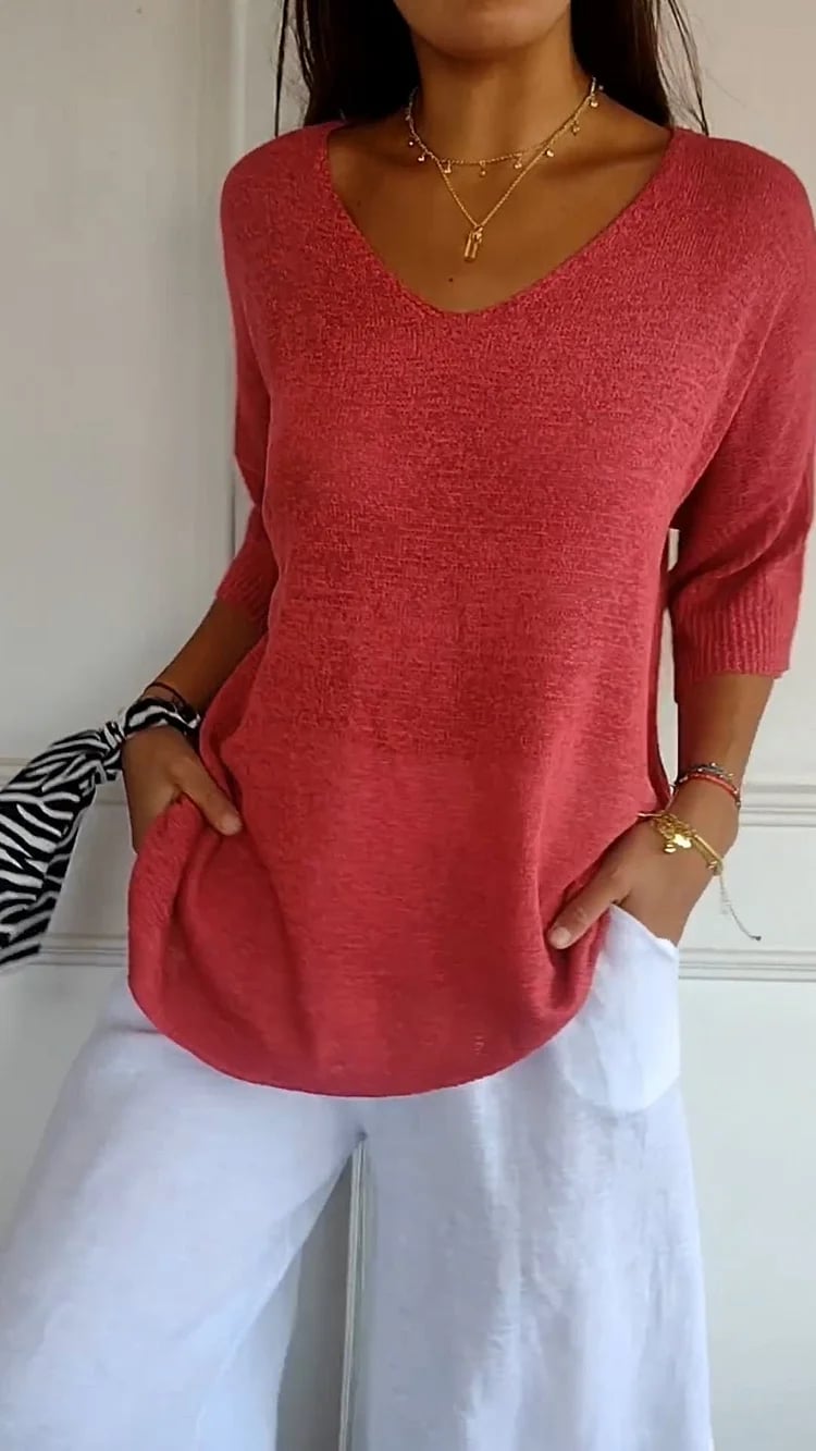 💖LAST DAY SALE 51% OFF🥰Solid Color Knitted V-neck Top