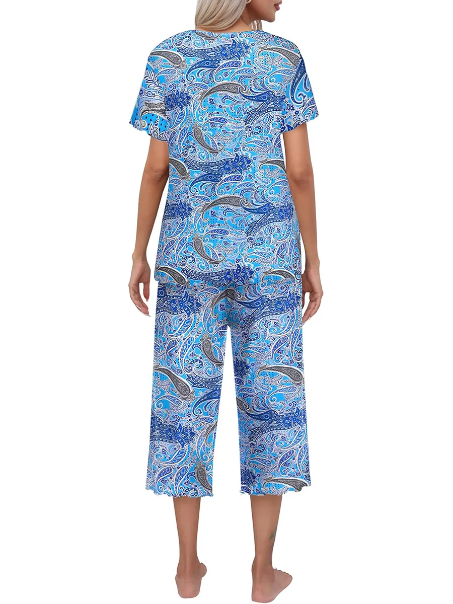HOT SALE WOMEN'S PRINTED SHORT SLEEVE TOP WITH CAPRI PANTS LOUNGE & SLEEPWEAR SET