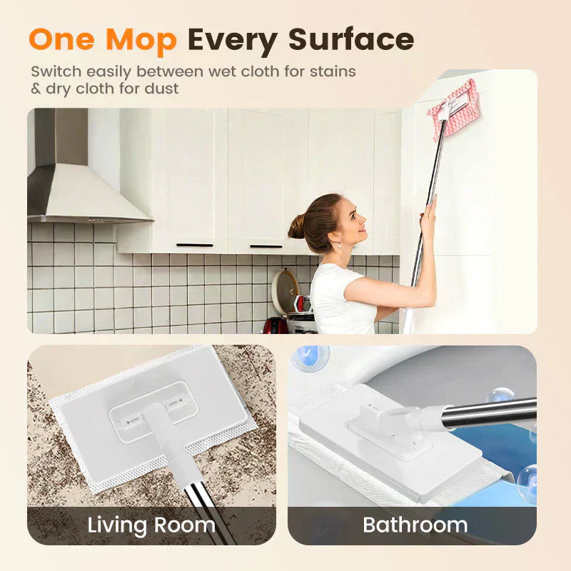 🏆Flat Mop with Stainless Steel Handle, come with Reusable Washable Mop Cloths