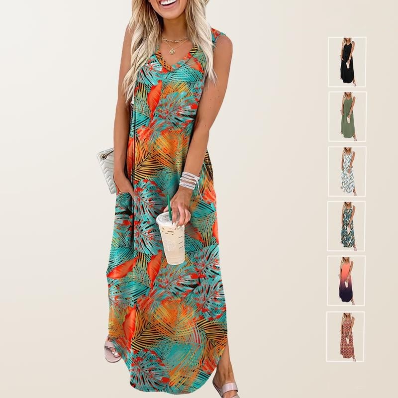 🎉Last Day Promotion 50% OFF💃2025 Summer Boho Print V Neck Maxi Dress with Pockets