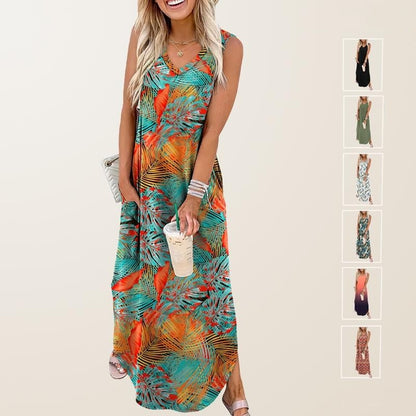 🎉Last Day Promotion 50% OFF💃2025 Summer Boho Print V Neck Maxi Dress with Pockets