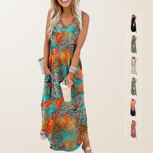 🎉Last Day Promotion 50% OFF💃2025 Summer Boho Print V Neck Maxi Dress with Pockets