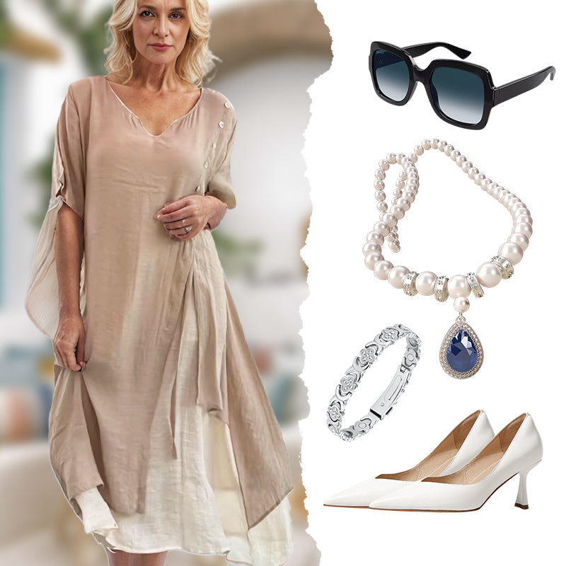 🔥Women’s Fake Two-Piece Flowy Midi Dress