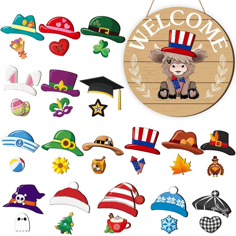 ⏰Interchangeable Welcome Sign with Highland Cow Featuring Seasonal Magnet, Detachable Hats, Accessories