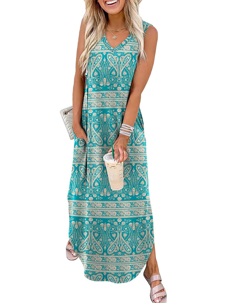 🎉Last Day Promotion 50% OFF💃2025 Summer Boho Print V Neck Maxi Dress with Pockets