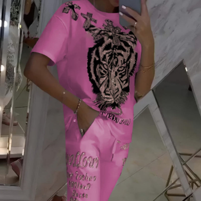 Casual Printed Top Drawstring Pants 2-Piece Set