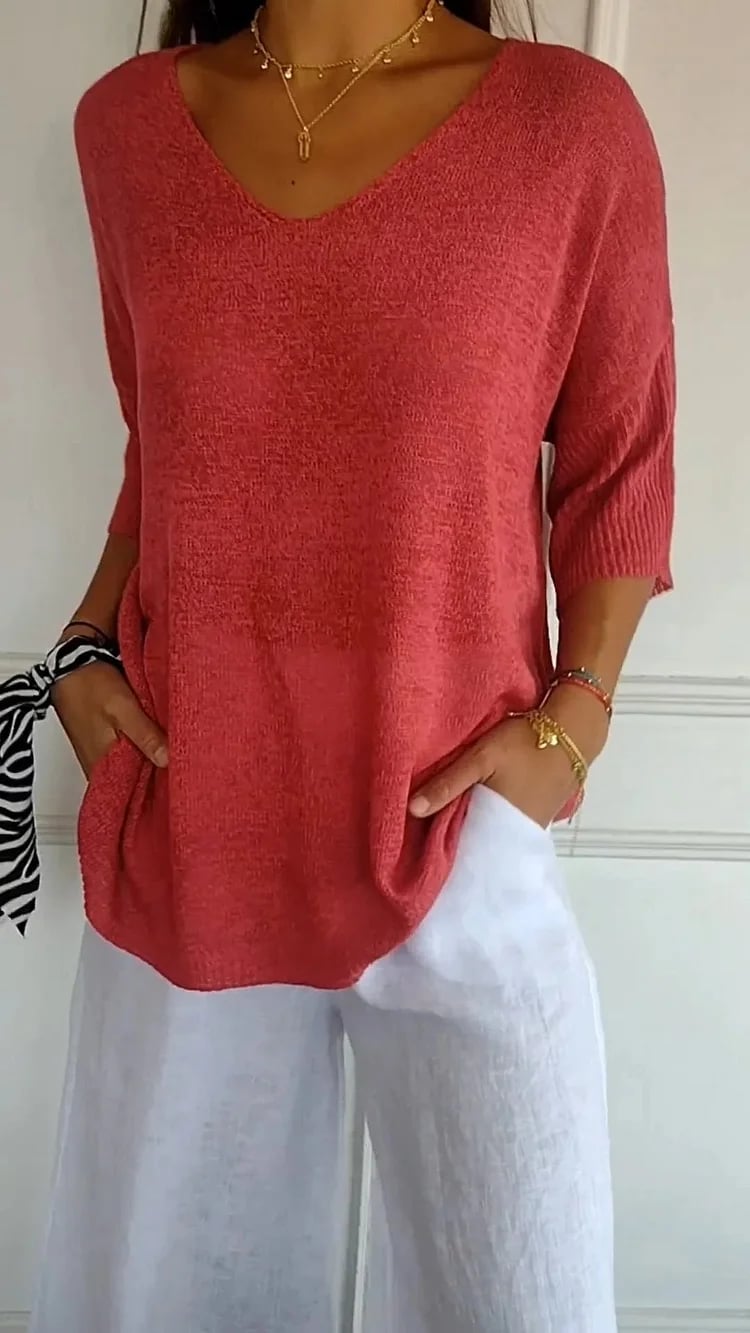💖LAST DAY SALE 51% OFF🥰Solid Color Knitted V-neck Top