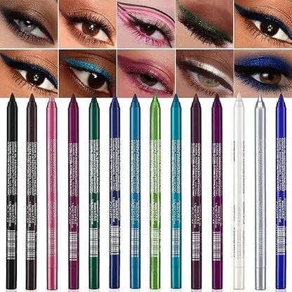 💜✨14-Pack Eyeliner Pencil Waterproof Colored Gel Liners with Metallic & Shimmer Finishes Smudge-Proof