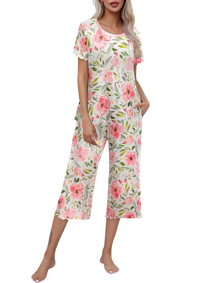 HOT SALE WOMEN'S PRINTED SHORT SLEEVE TOP WITH CAPRI PANTS LOUNGE & SLEEPWEAR SET