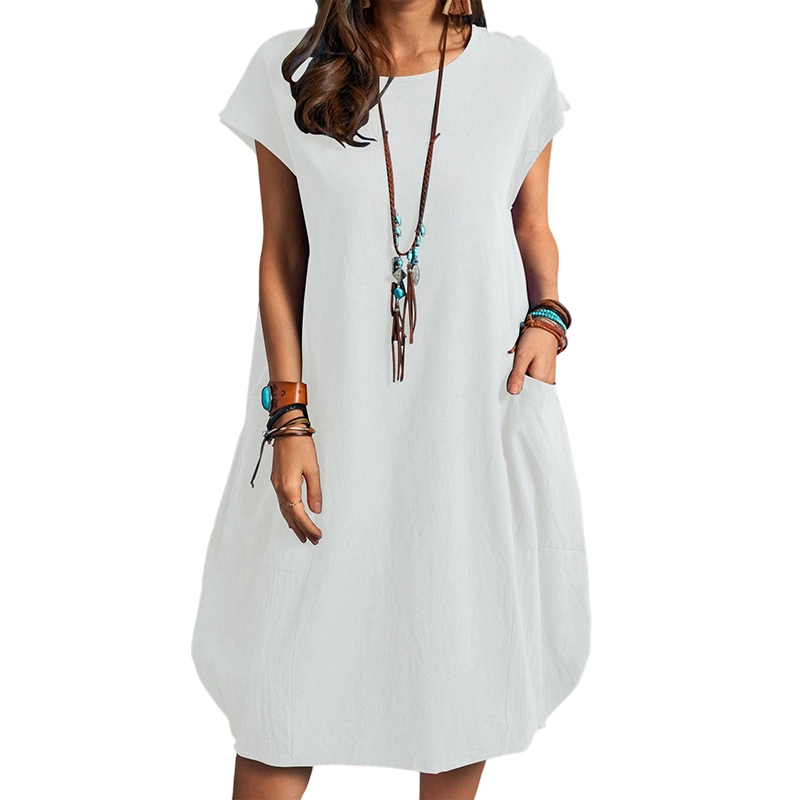 Women's Cotton Linen Loose Casual Pocket Dress