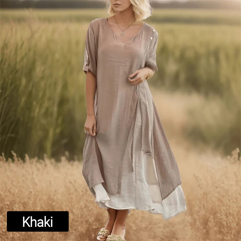 🔥Women’s Fake Two-Piece Flowy Midi Dress