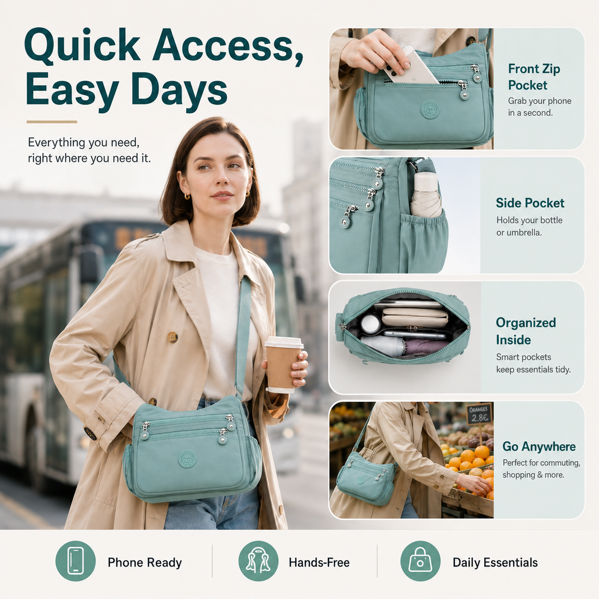 ⏰LAST DAY SALE 65% OFF！🎒 Multi-Pocket Campus Nylon Crossbody Bag
