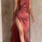 Fits Your Curves Satin One Shoulder Drape Slit Maxi Dress