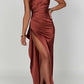 Fits Your Curves Satin One Shoulder Drape Slit Maxi Dress