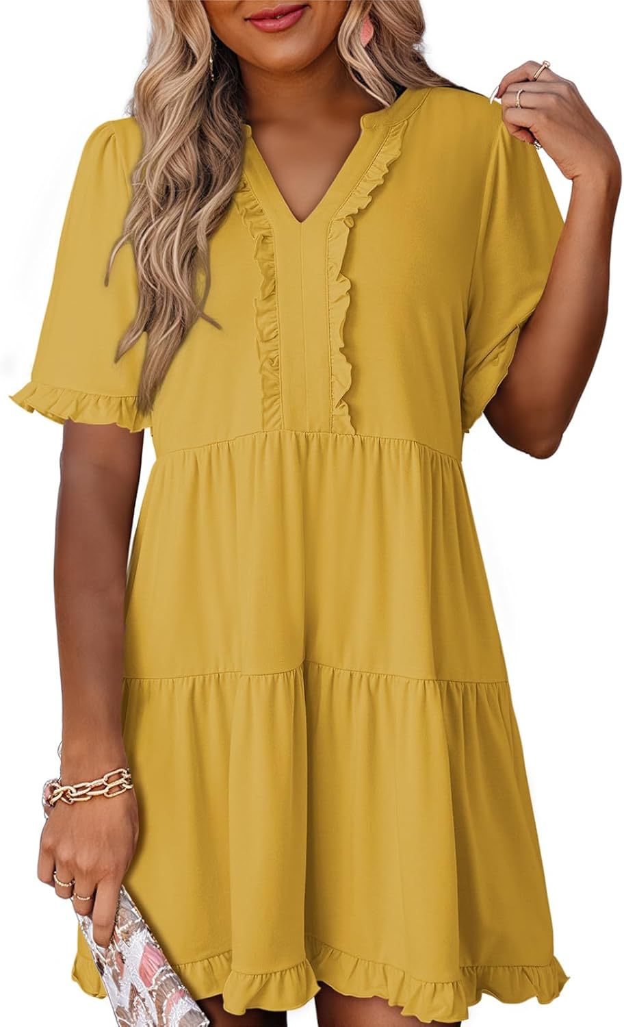 🔥2026 Summer Hot Sale 49% OFF🌈Women's V Neck Ruffle Casual A-Line Flowy Swing Shift Dress