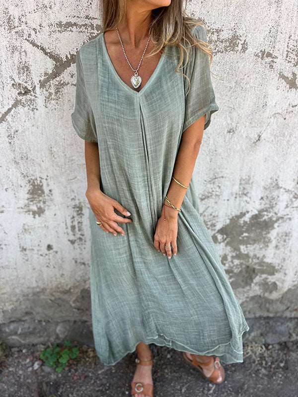 🔥LAST DAY SALE 49% OFF🔥Women's Loose V-neck cotton linen dress