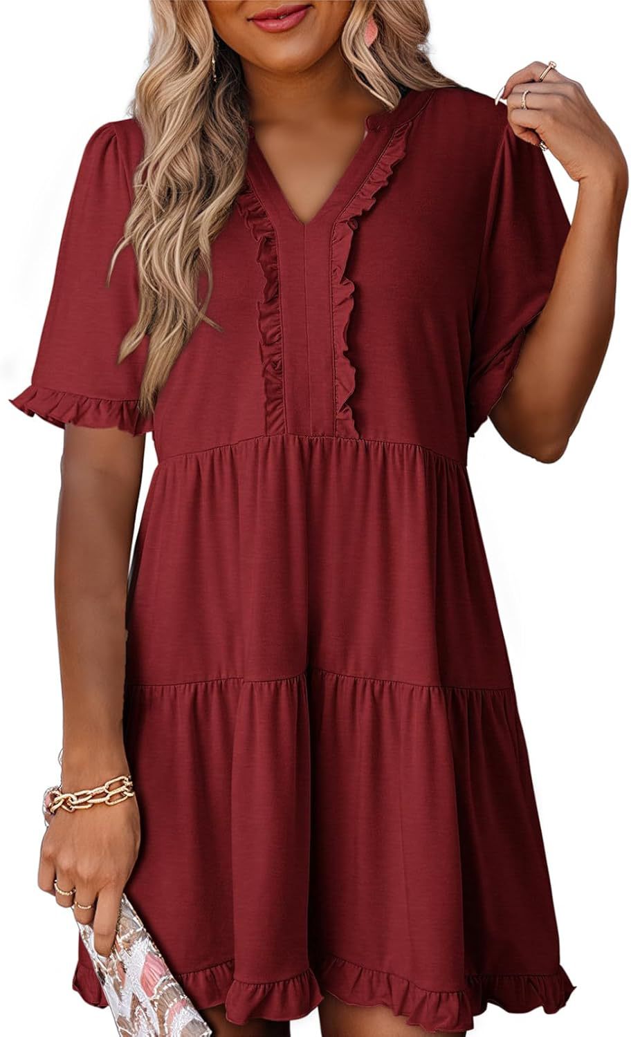 🔥2026 Summer Hot Sale 49% OFF🌈Women's V Neck Ruffle Casual A-Line Flowy Swing Shift Dress