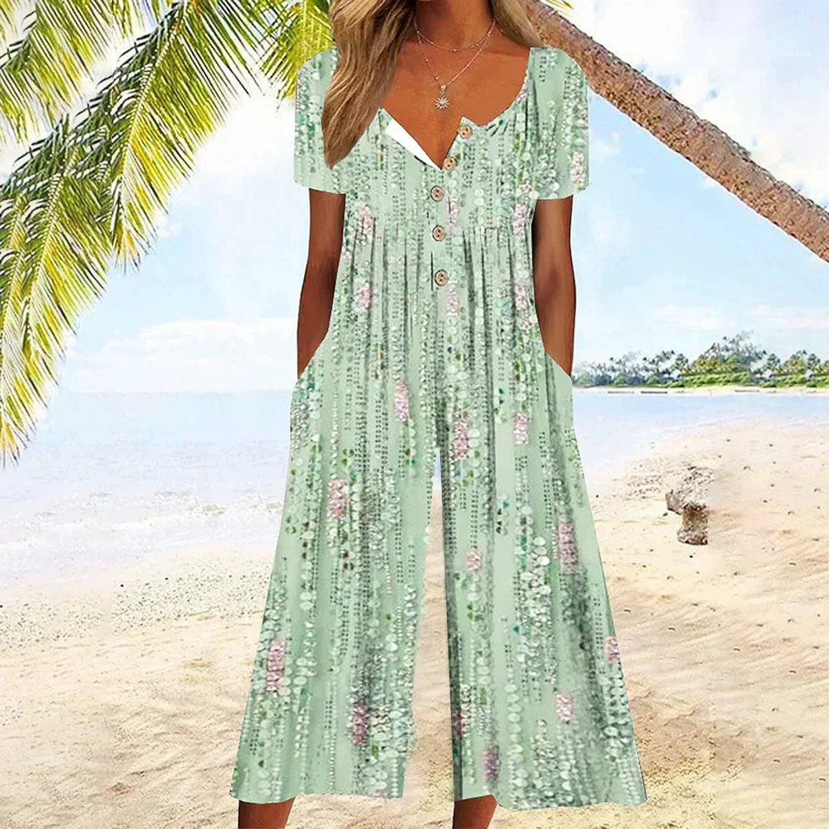 💥Last Day Special Sale 50% OFF💃Printed V-Neck Side Pocket Jumpsuit