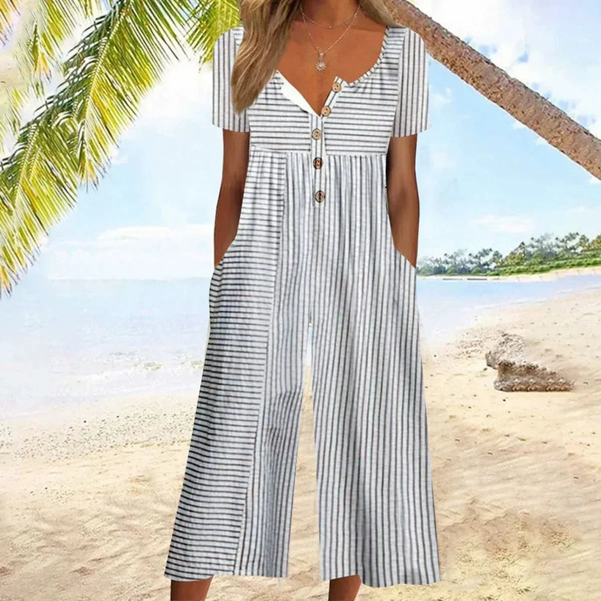 💥Last Day Special Sale 50% OFF💃Printed V-Neck Side Pocket Jumpsuit