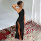 Fits Your Curves Satin One Shoulder Drape Slit Maxi Dress
