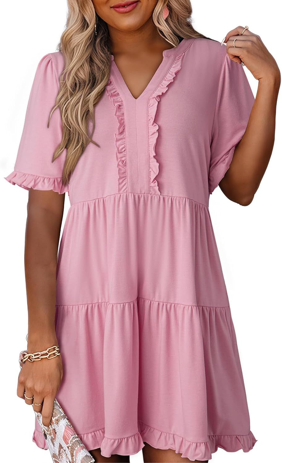 🔥2026 Summer Hot Sale 49% OFF🌈Women's V Neck Ruffle Casual A-Line Flowy Swing Shift Dress