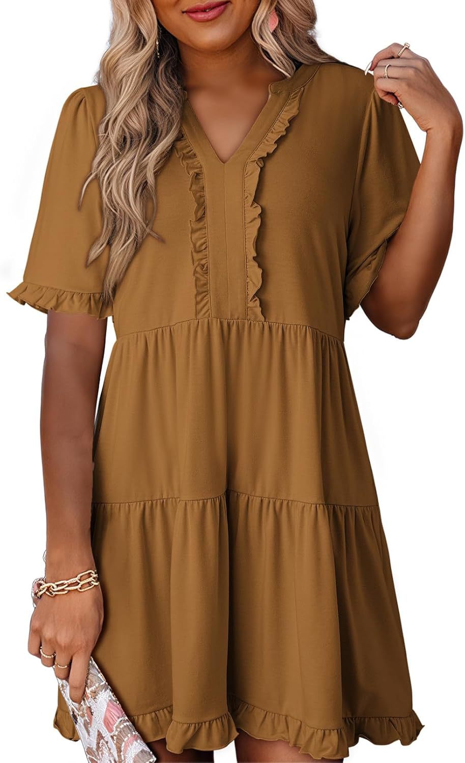 🔥2026 Summer Hot Sale 49% OFF🌈Women's V Neck Ruffle Casual A-Line Flowy Swing Shift Dress