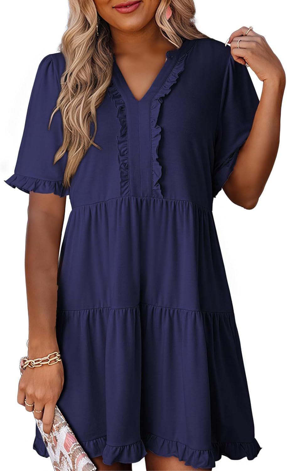 🔥2026 Summer Hot Sale 49% OFF🌈Women's V Neck Ruffle Casual A-Line Flowy Swing Shift Dress