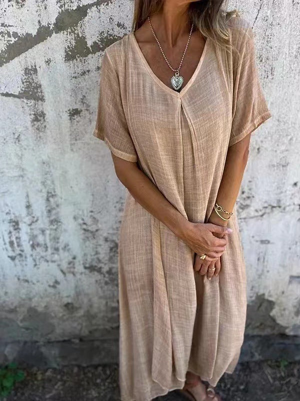 🔥LAST DAY SALE 49% OFF🔥Women's Loose V-neck cotton linen dress