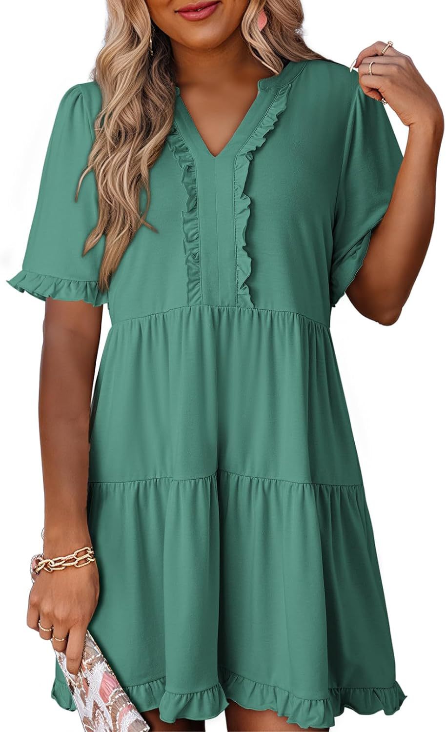🔥2026 Summer Hot Sale 49% OFF🌈Women's V Neck Ruffle Casual A-Line Flowy Swing Shift Dress