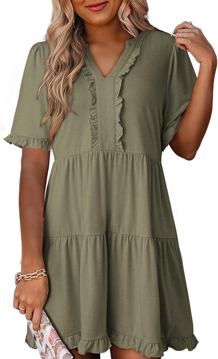 🔥2026 Summer Hot Sale 49% OFF🌈Women's V Neck Ruffle Casual A-Line Flowy Swing Shift Dress