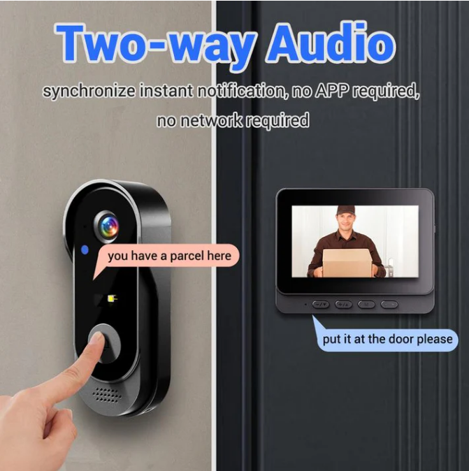 Wireless doorbell camera: 1080P, 170° angle, 4.3-inch screen, IPX65 outdoor waterproof, night vision