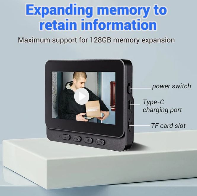 Wireless doorbell camera: 1080P, 170° angle, 4.3-inch screen, IPX65 outdoor waterproof, night vision