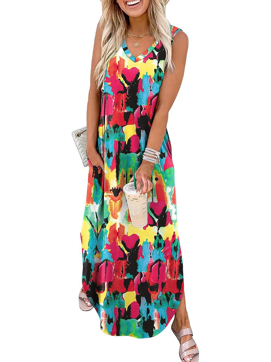 🎉Last Day Promotion 50% OFF💃2025 Summer Boho Print V Neck Maxi Dress with Pockets