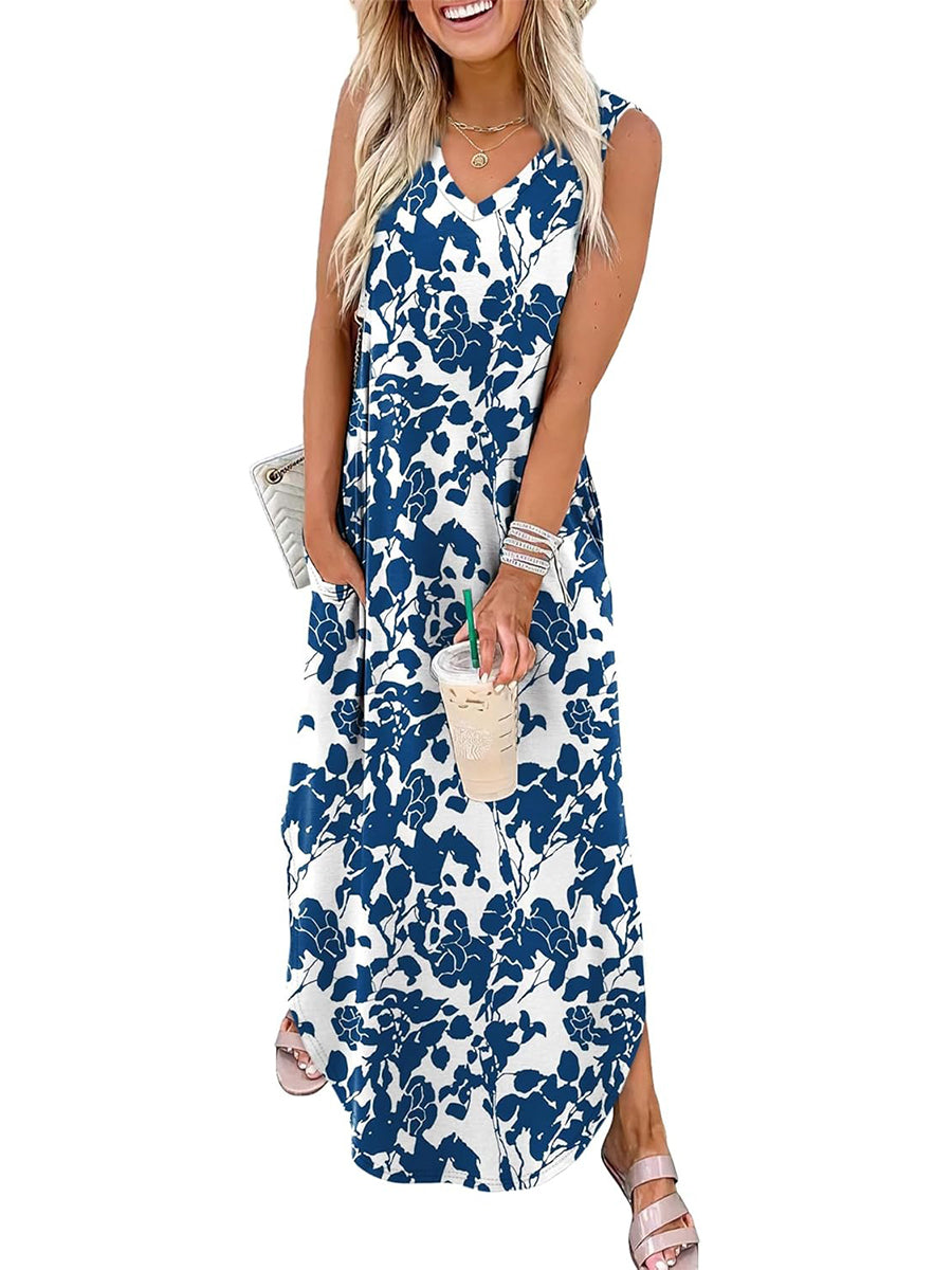 🎉Last Day Promotion 50% OFF💃2025 Summer Boho Print V Neck Maxi Dress with Pockets