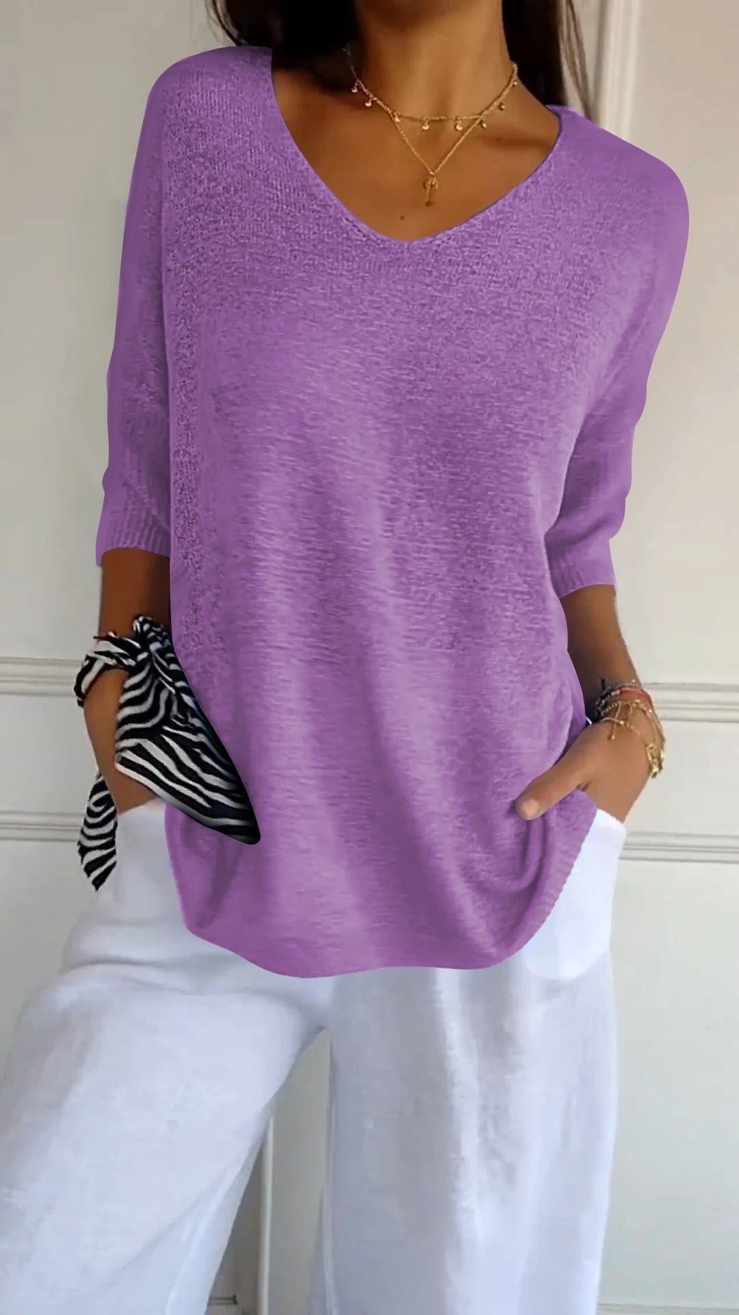💖LAST DAY SALE 51% OFF🥰Solid Color Knitted V-neck Top