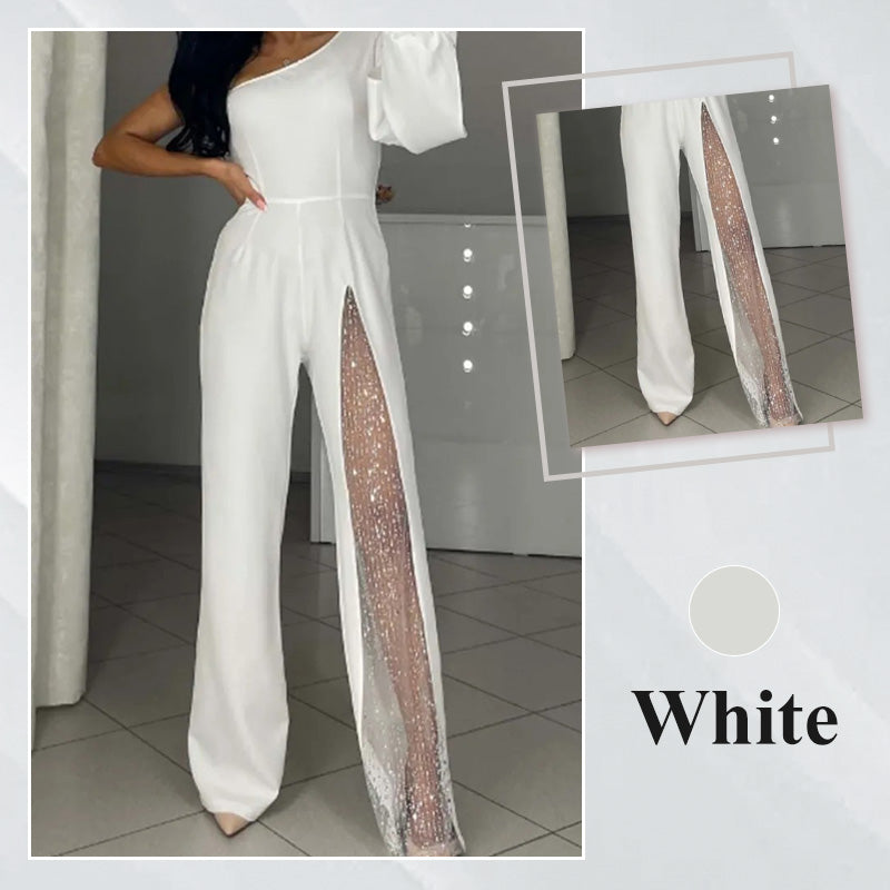 ✨50% OFF👠Sparkling One Shoulder Mesh Flared Jumpsuit🖤