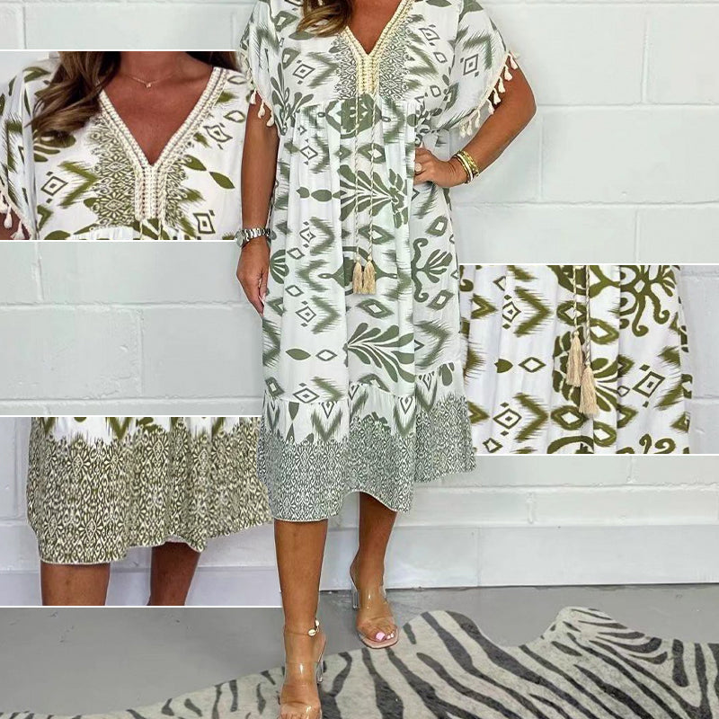 Printed Casual Dress With V-Neckline and Fringes on the Short Sleeves