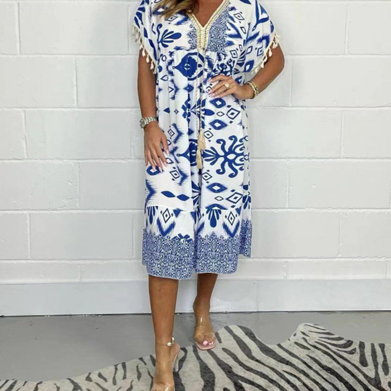 Printed Casual Dress With V-Neckline and Fringes on the Short Sleeves