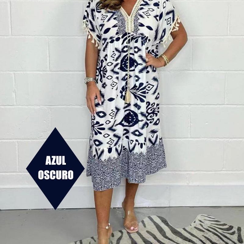 Printed Casual Dress With V-Neckline and Fringes on the Short Sleeves