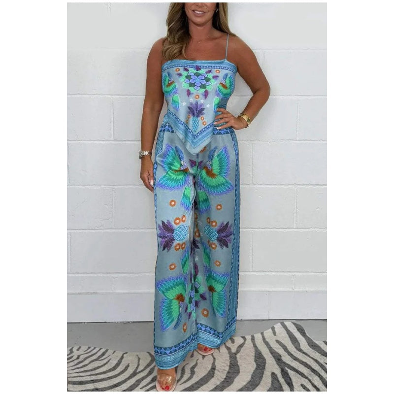 🔥New Arrival- 49% OFF💝Women's Exotic Spaghetti Strap Printed Top & Loose Pants 2-Piece Set