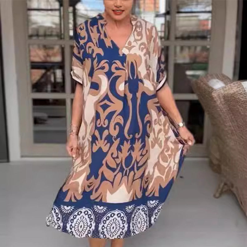 🌺Mother's Day UP TO 50% OFF!!🔥Printed V Neck Loose Midi Dress