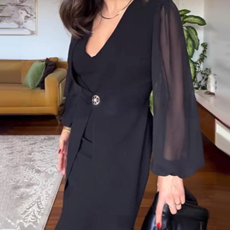 🥰New year, new clothes🥰Elegant dress with V-neck and long lantern sleeves made of mesh for women