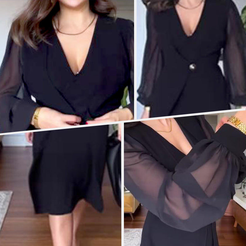 🥰New year, new clothes🥰Elegant dress with V-neck and long lantern sleeves made of mesh for women