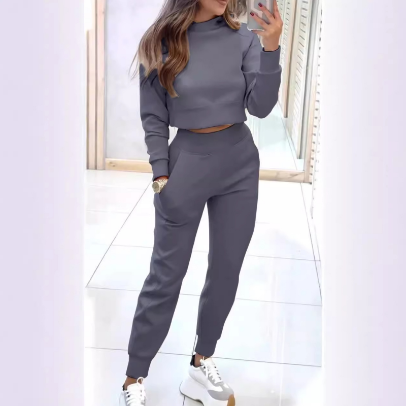 Women's High Collar Sweatshirt and Pants with Cuffs 2 Piece Set