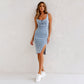 Adjustable strap U-neck split denim bodycon cami dress