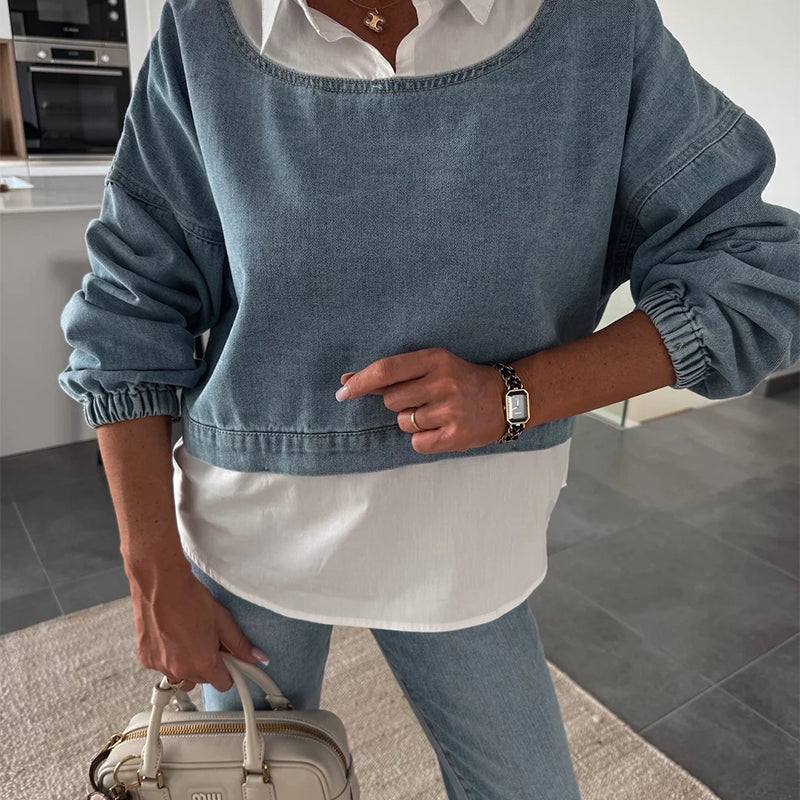 💥Women's Fashion Long Sleeve Denim Top & Pants Two Piece Set