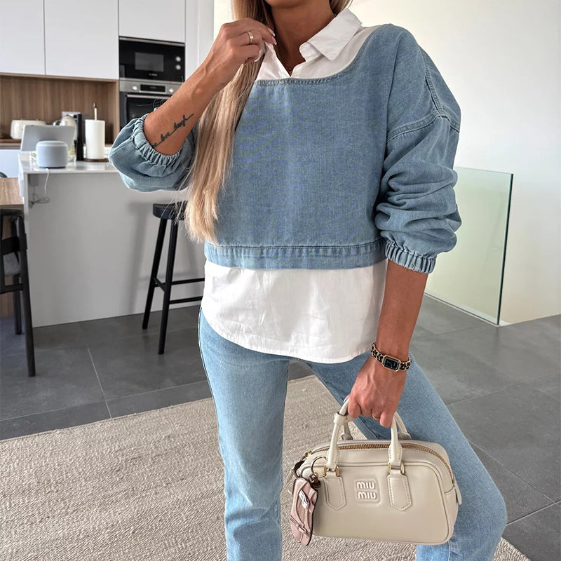 💥Women's Fashion Long Sleeve Denim Top & Pants Two Piece Set